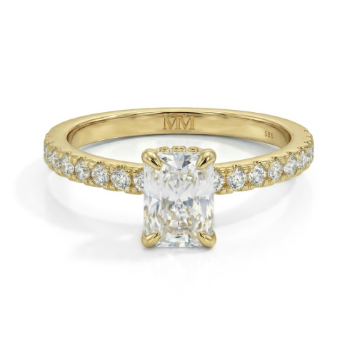Astra - Anillo de Moissanita de Talla Radiante con Piedras Laterales en Pavé y Halo Oculto