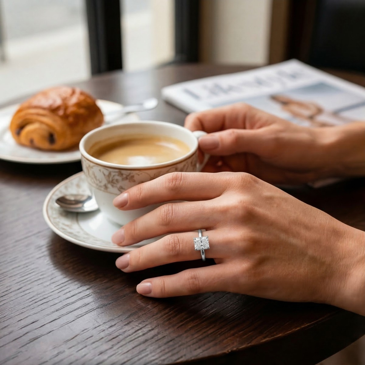 Mirabelle - Anillo solitario de moissanita de talla radiant con engaste en cesta y halo oculto