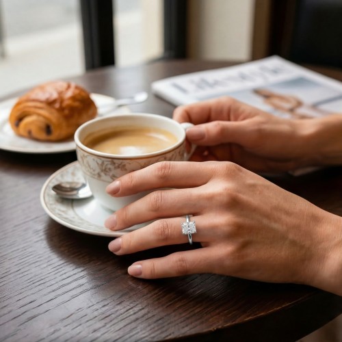 Mirabelle - Anillo Solitario de Moissanita en Talla Radiante con Engaste de Cesta y Halo Oculto - lifestyle