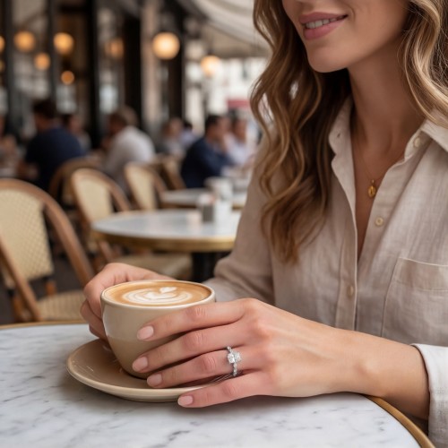 Luminaire - Anillo de Moissanita de Talla Radiante con Piedras Laterales de Talla Marquesa y Halo Oculto - lifestyle