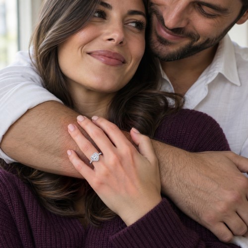 Amoria - Anillo de compromiso de moissanita de talla corazón con halo y piedras laterales en pavé