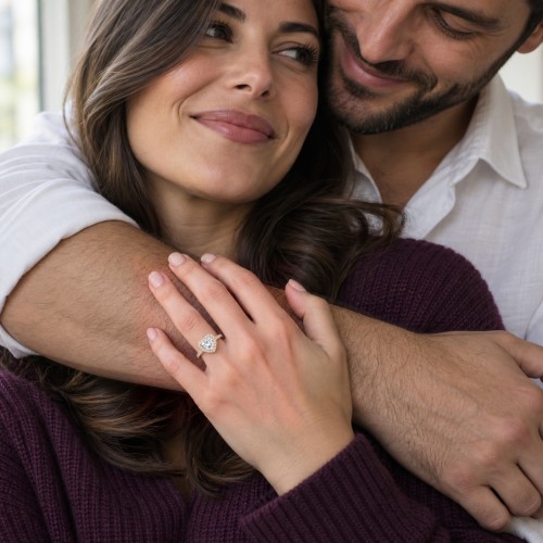 Amoria - Anillo de compromiso de moissanita de talla corazón con halo y piedras laterales en pavé
