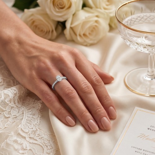 Nina - anillo de moissanita de talla oval con piedras laterales en pavé - lifestyle