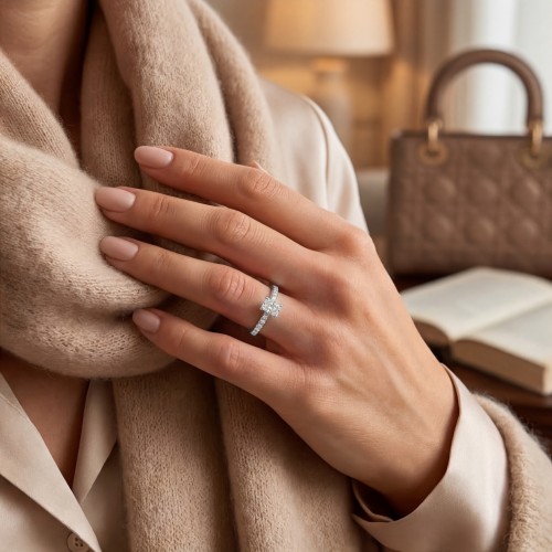 Astra - Anillo de Moissanita de Talla Radiante con Piedras Laterales en Pavé y Halo Oculto - lifestyle
