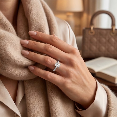 Astra - Anillo de Moissanita de Talla Radiante con Piedras Laterales en Pavé y Halo Oculto - lifestyle
