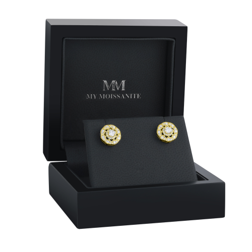 Double Halo - Pendientes de botón de moissanita con engaste con halo