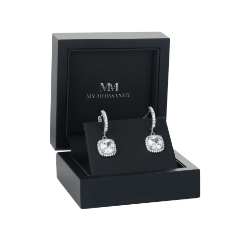 Cushion Drops - Pendientes colgantes de moissanita con halo y aros huggie