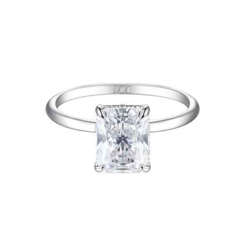 Mirabelle - Anillo Solitario de Moissanita en Talla Radiante con Engaste de Cesta y Halo Oculto