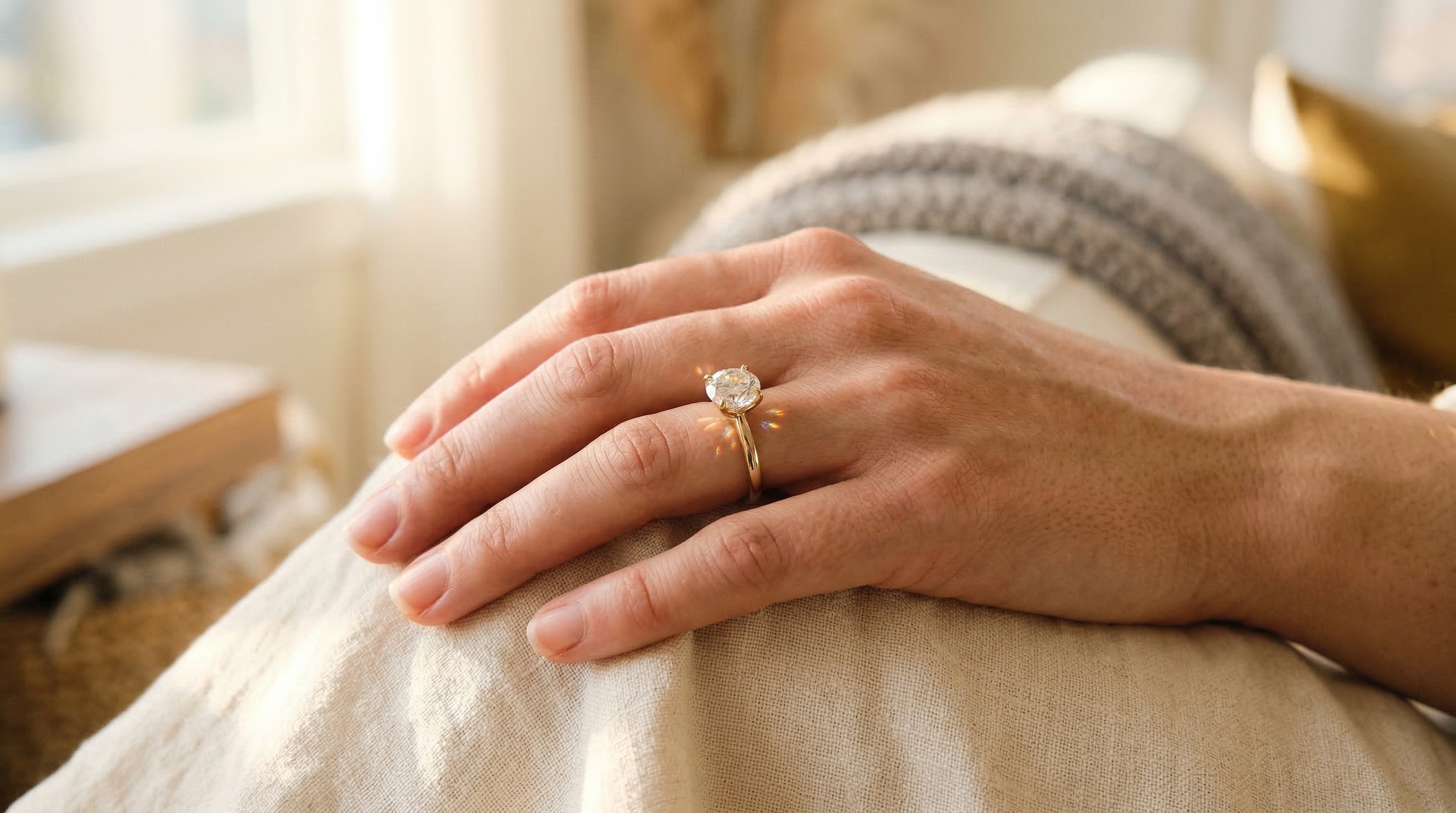 Anillo de compromiso de moissanita con intensa dispersión de la luz y fuego