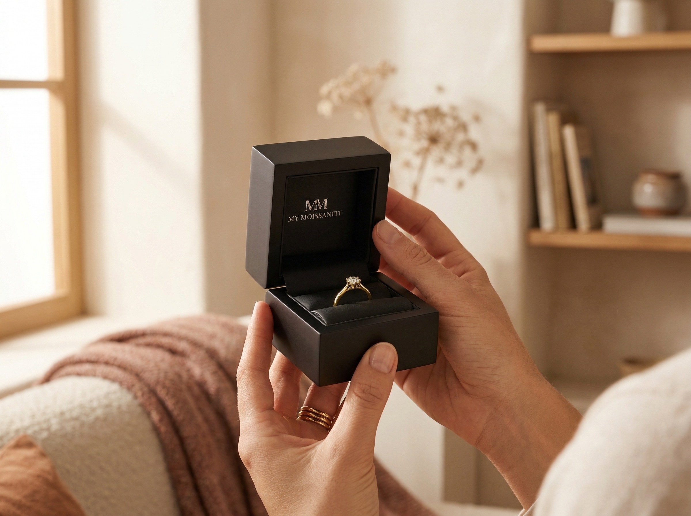 Caja de regalo premium de madera abierta con un anillo en su interior, luz natural cálida