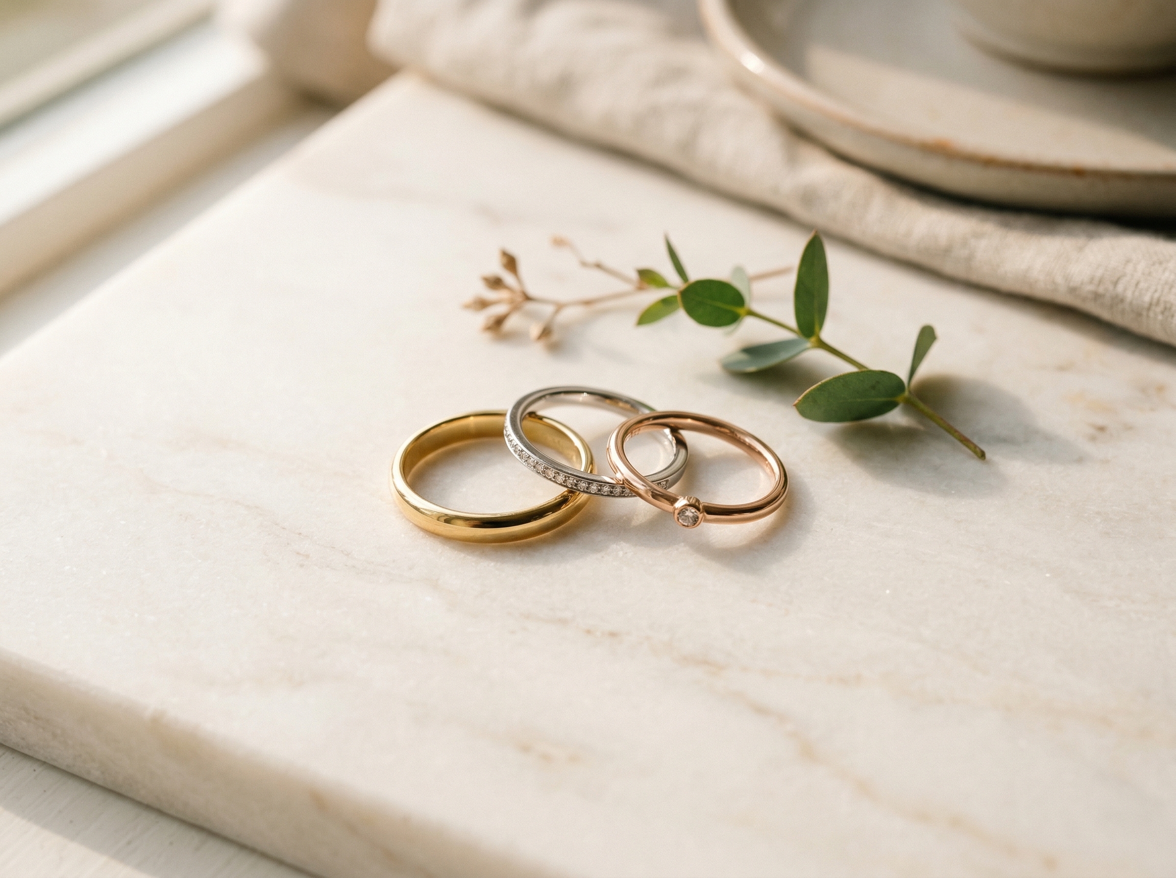 Tres anillos en oro amarillo, oro blanco y oro rosa sobre una superficie de mármol color crema