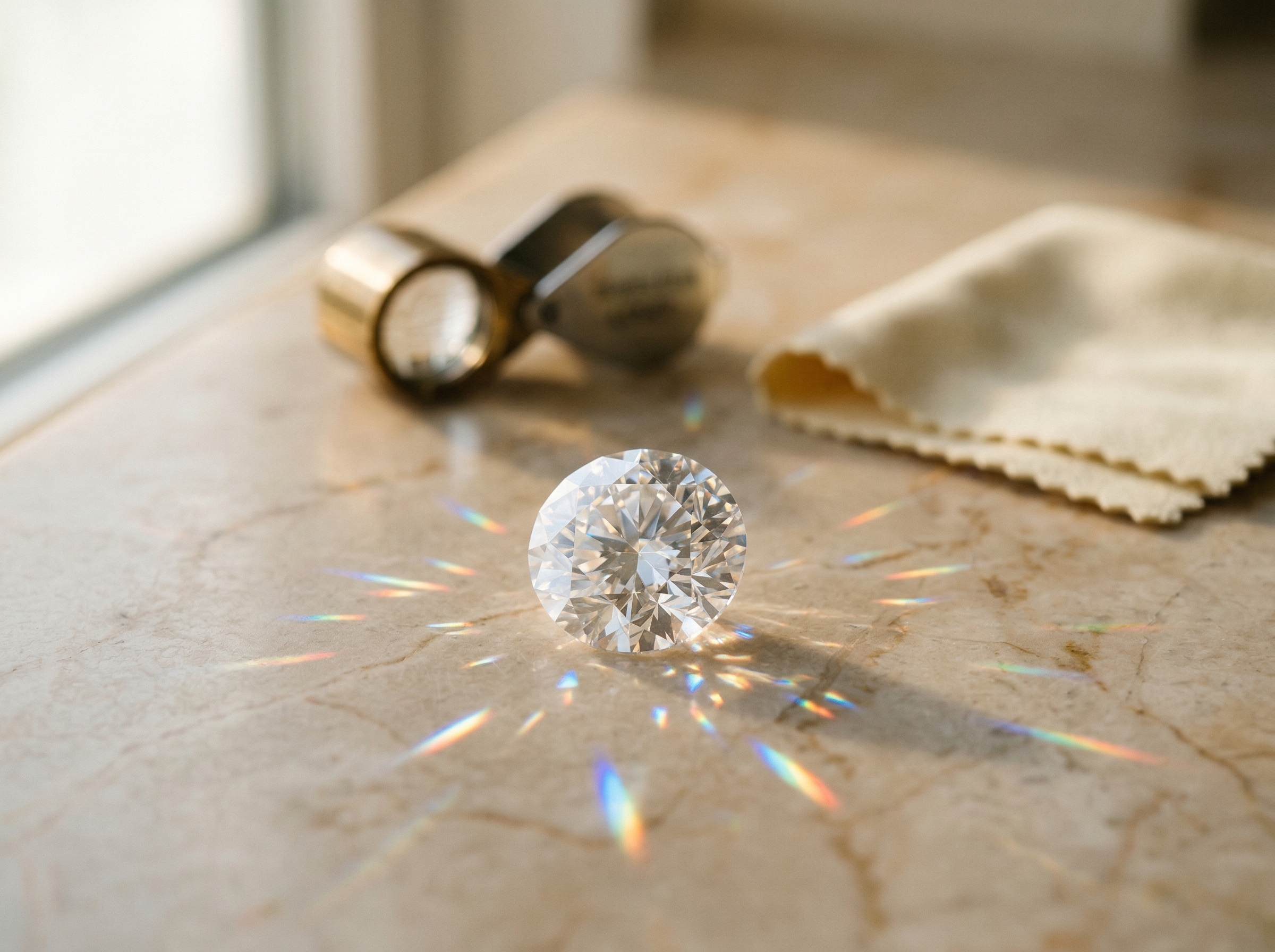 Gema de moissanita que capta la luz natural con fuego y refracciones brillantes
