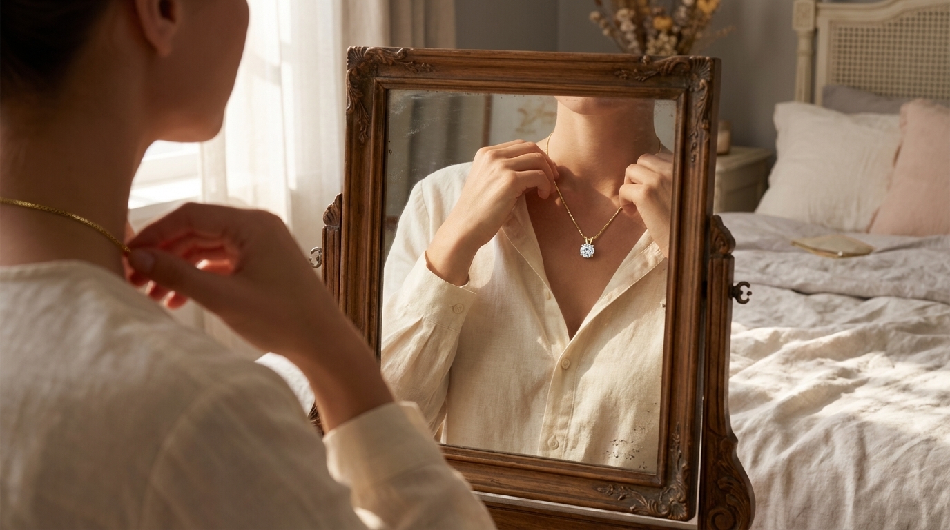 Mujer ajustándose un collar con colgante frente a un espejo, con una cálida luz natural